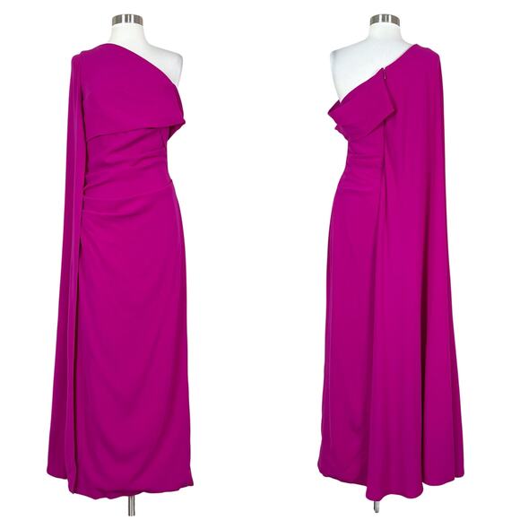 Talbot Runhof | Magenta Pink Cape One Shoulder Long Formal Designer Gown Dress 6 - Picture 11 of 11